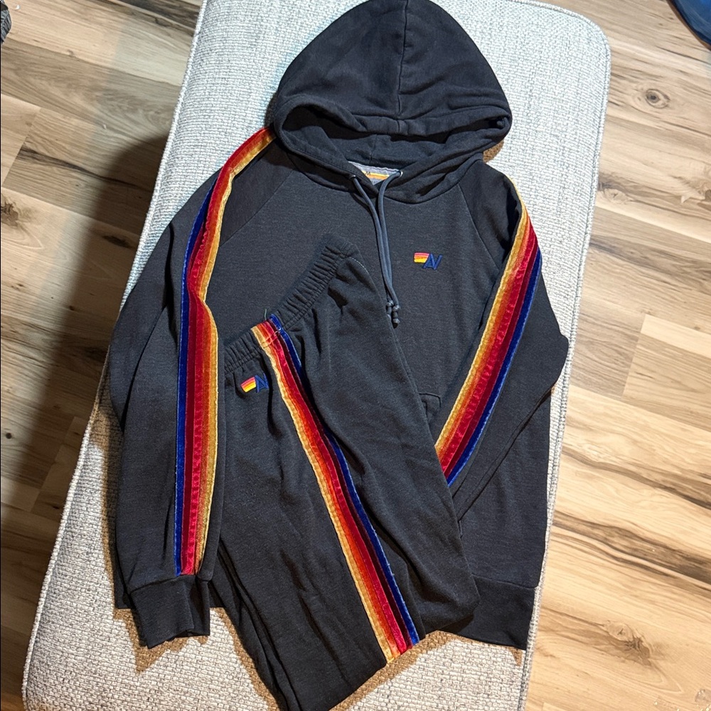 Aviator Nation Classic Velvet Stripes Charcoal SET Pullover Hoodie and Bottoms M